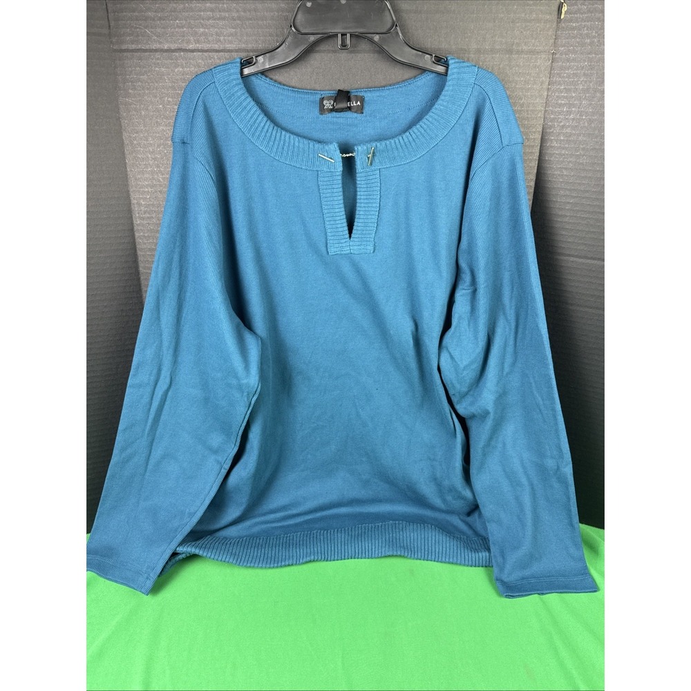Rafaella Womens Plus V-Neck Top Size 2XL Blue Ribbed Long Sleeve Blouse NWT